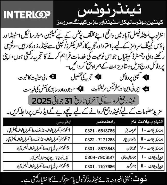 INTER LOOP Faisalabad Tender Notice